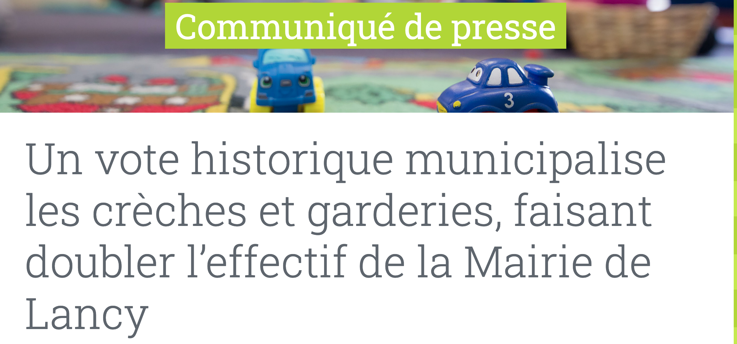 Image Un vote historique municipalise les crèches et garderies, faisant doubler l’effectif de la Mairie de Lancy